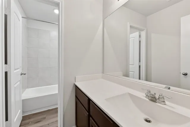 a bathroom with a sink and a mirror