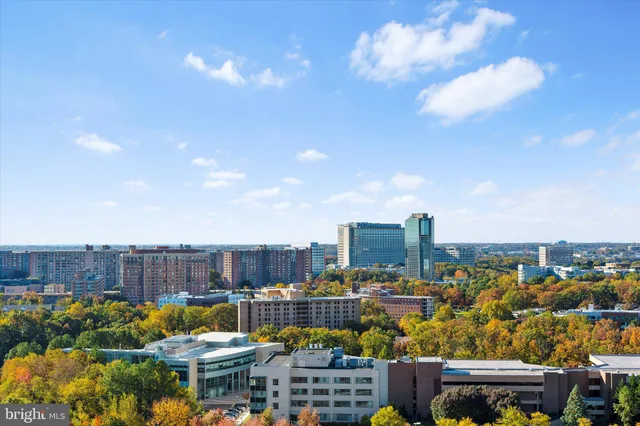 a view of a lobby with black and white walls