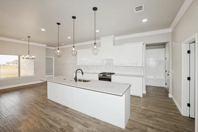 a kitchen with kitchen island a sink stainless steel appliances and wooden floor