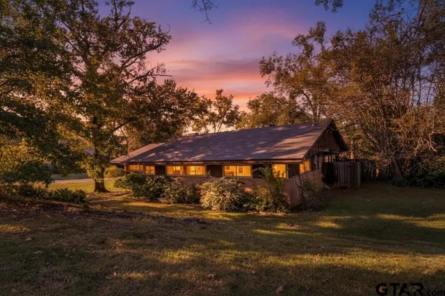 a view of a town with large trees