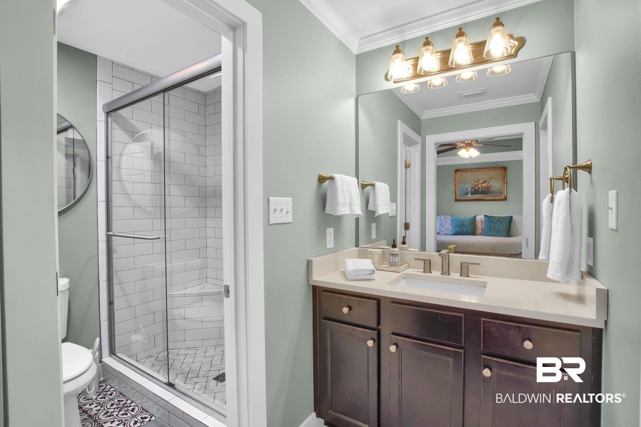 203 Lakefront Circle Summerdale, AL 36580 - Photo 37 of 69 Bathroom with ceiling fan, a shower with shower door, vanity, and toilet