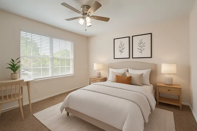 a bedroom with a large bed and a window