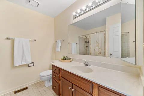 a bathroom with a sink a toilet and a large mirror
