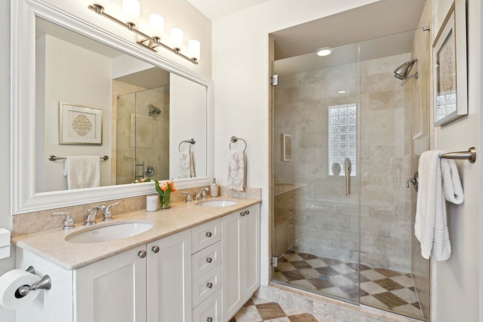 2147 West Rice Street, Unit 1W Chicago, IL 60622 - Photo 14 of 27 a bathroom with a granite countertop shower sink mirror and toilet