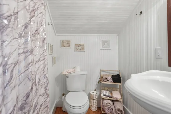 a white toilet sitting next to a shower curtain