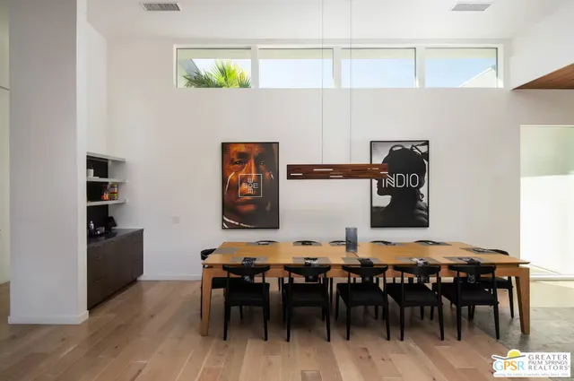 a view of a dining room with furniture