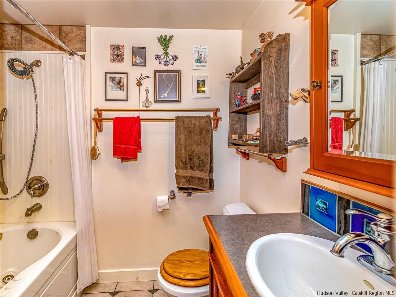 151 Wilhelm Road Saugerties, NY 12477 - Photo 17 of 35 a bathroom with a sink a toilet and a shower curtain
