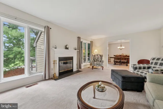 a living room with furniture a fireplace and a floor to ceiling window