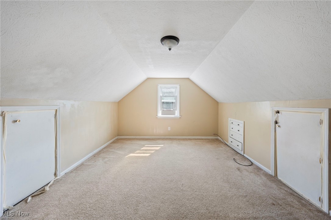 14804 Rockside Road Maple Heights, OH 44137 - Photo 41 of 44 Bonus room featuring a textured ceiling, carpet, and lofted ceiling