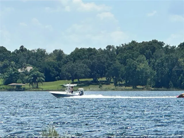 a view of river and trees in the background