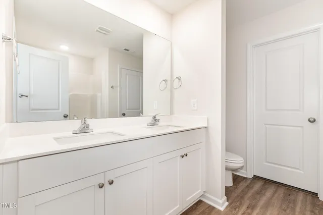 a bathroom with a sink a toilet and a large mirror