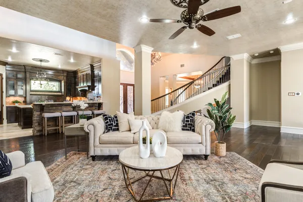 a living room with furniture potted plant and a ceiling fan