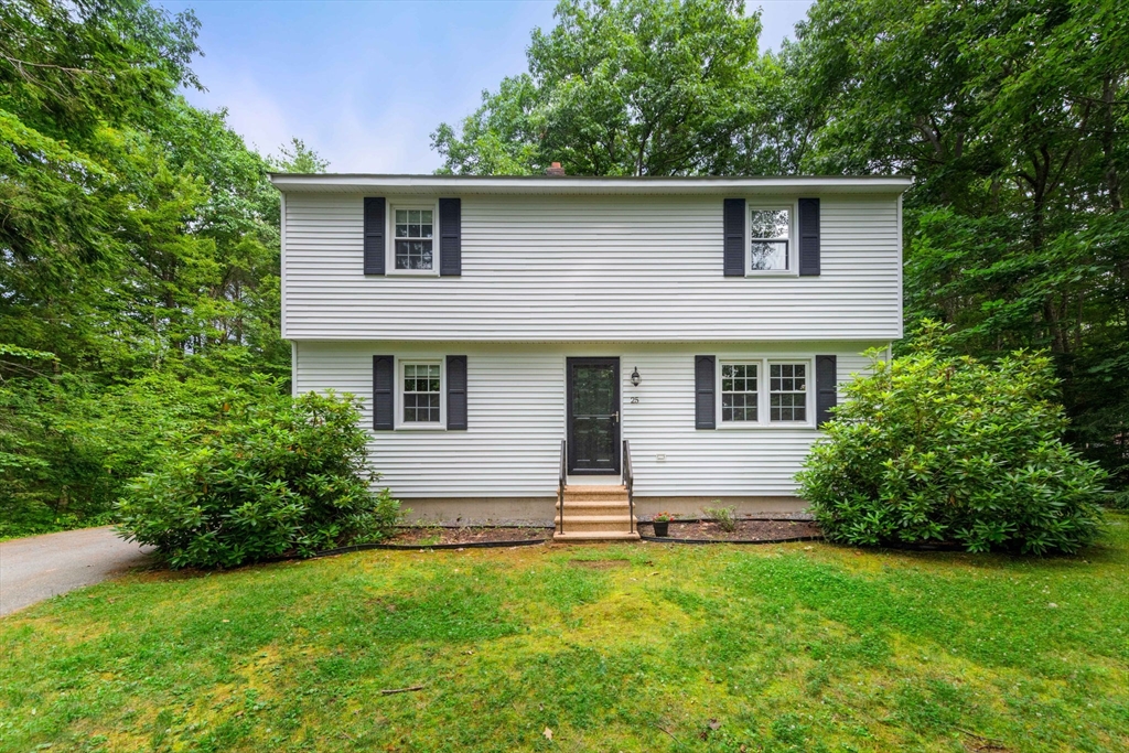 a front view of house with yard and trees
