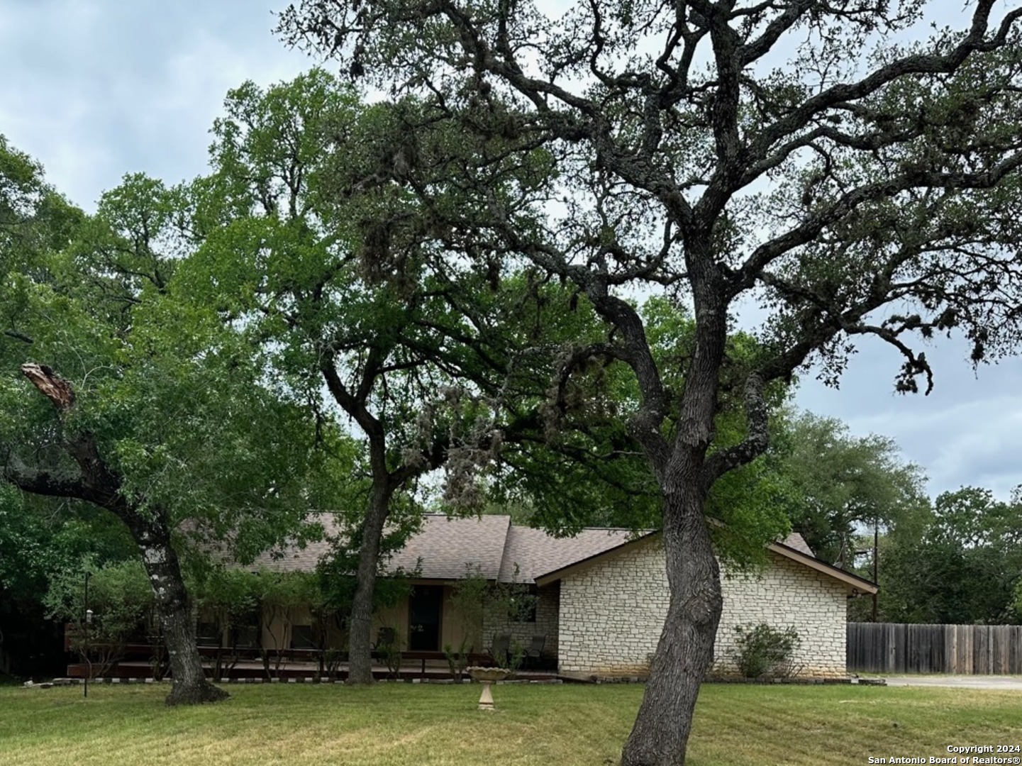 a view of a house with a large tree and a yard in front of it