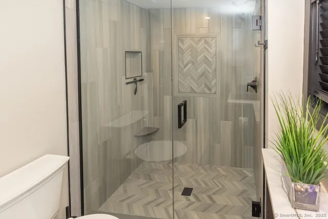 a bathroom with a shower and toilet