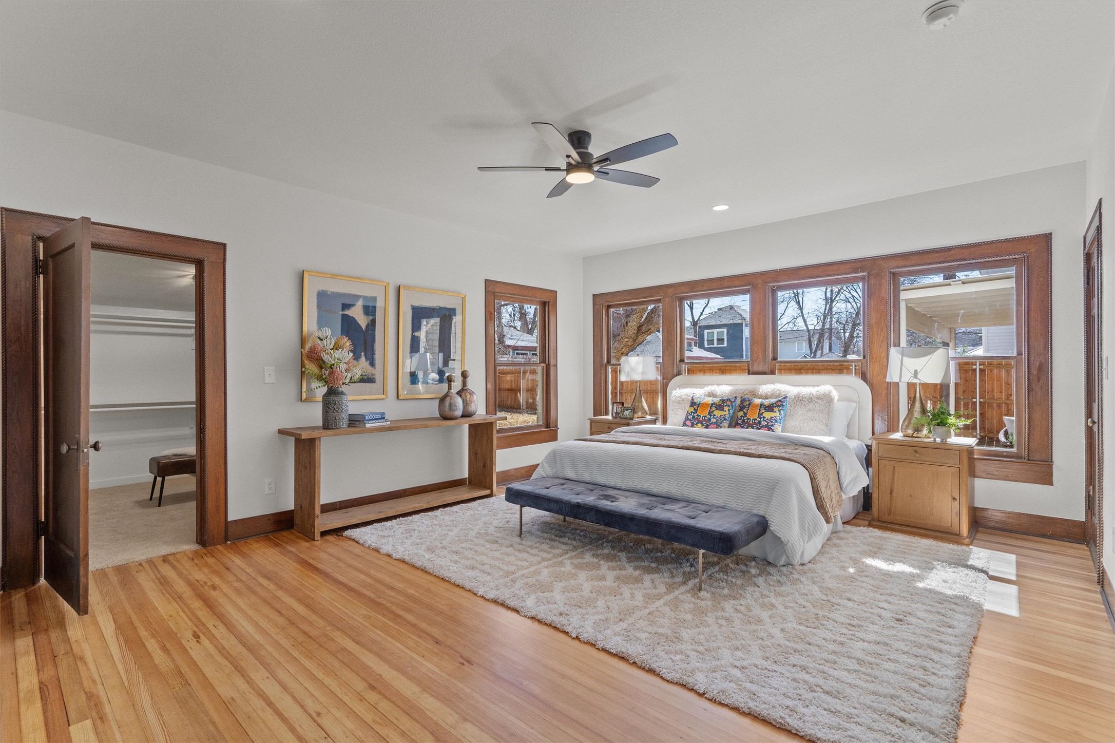 1605 South Austin Avenue Georgetown, TX 78626 - Photo 15 of 40 Bedroom with light wood-style floors, a ceiling fan, and recessed lighting