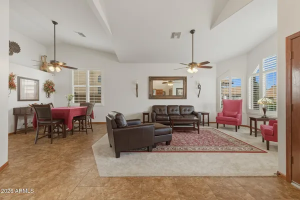 a view of a dining room with furniture