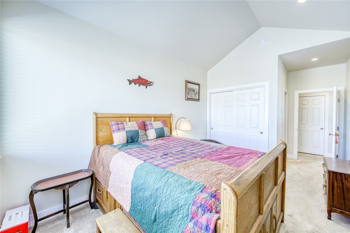 29 Haymaker Street, Unit 2B Silverthorne, CO 80498 - Photo 16 of 28 Bedroom featuring a closet, lofted ceiling, baseboards, and light colored carpet