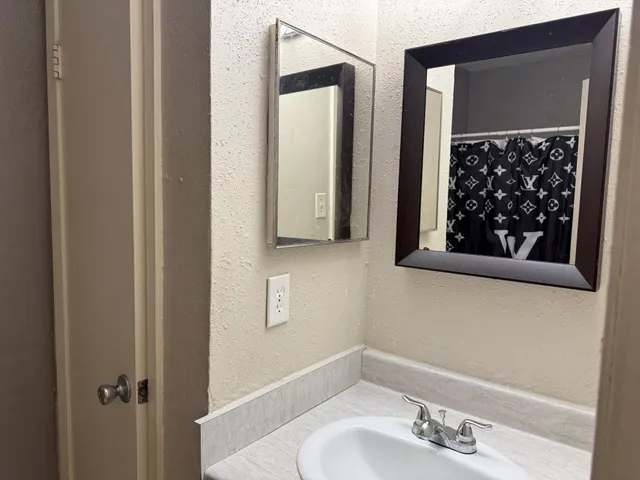 a bathroom with a sink and a mirror