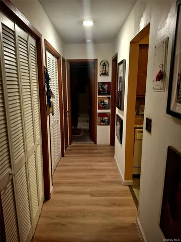 a view of a hallway with wooden floor and closet