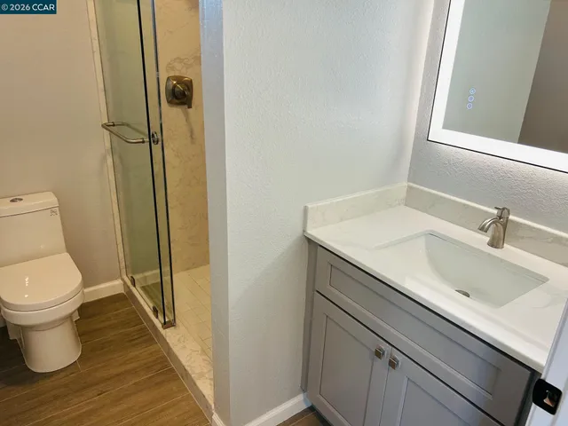 a bathroom with a sink a toilet and shower