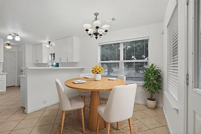 a view of a dining room with furniture and window