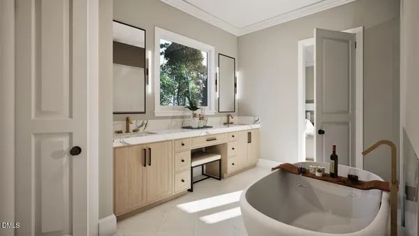 a bathroom with a double vanity sink a mirror and a bathtub