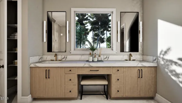 a bathroom with a double vanity sink and mirror