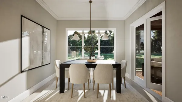 a dining room with furniture wooden floor and a chandelier