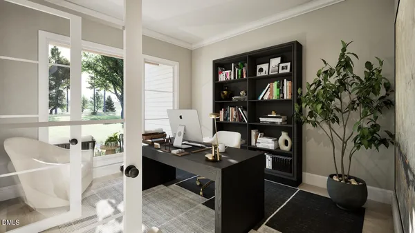 a work room with furniture and a potted plant
