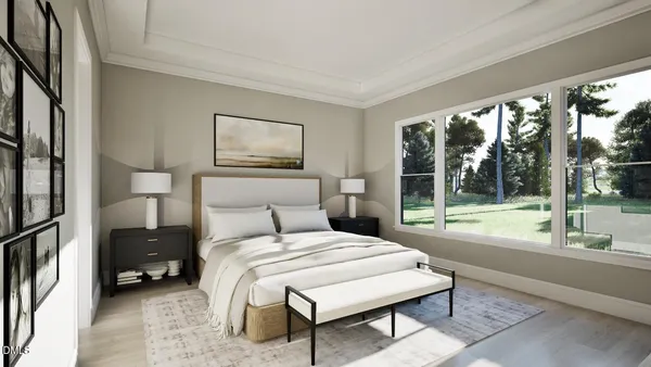 a bedroom with a bed and a large window with outer view