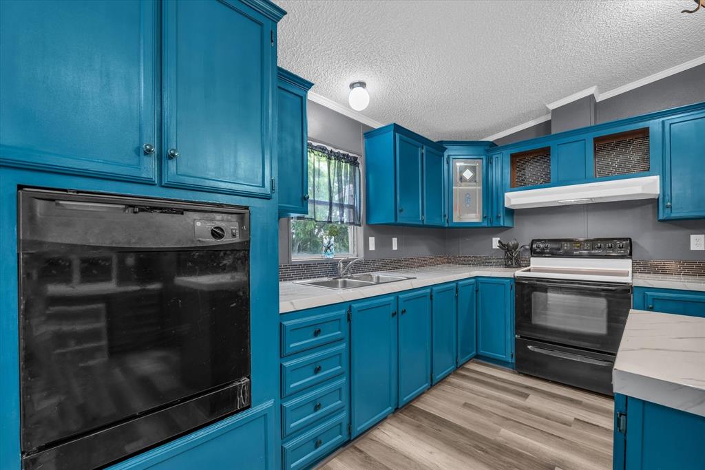 3615 Spring Valley Road Lorena, TX 76655 - Photo 7 of 33 Kitchen featuring vibrant blue cabinetry, wood-finish flooring, a double basin sink, and black appliances including a range and dishwasher