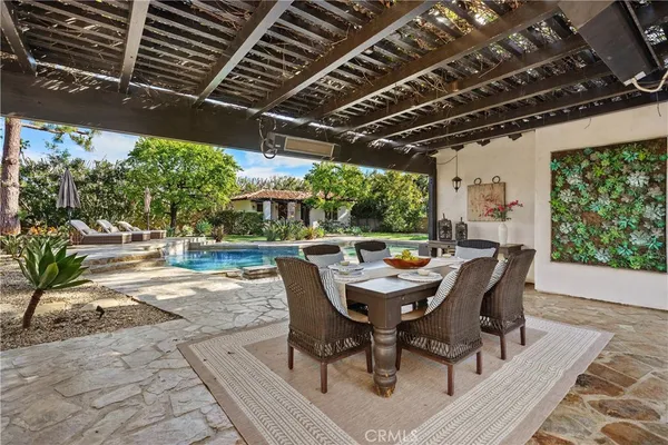 a view of house with swimming pool and outdoor seating