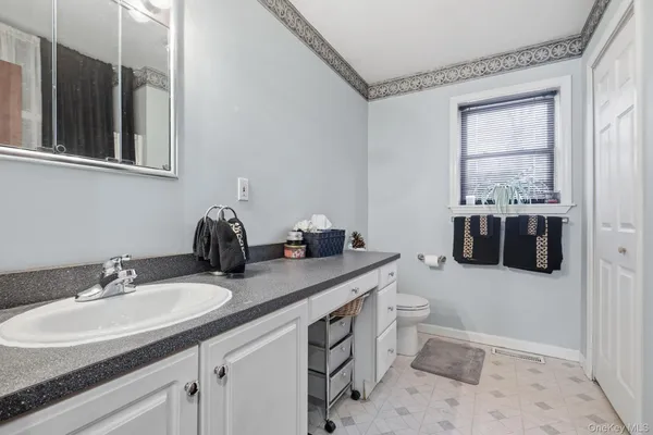 a bathroom with a double vanity sink toilet and shower