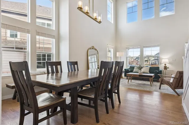 a view of a dining room with furniture window and wooden floor