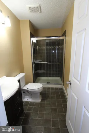 a bathroom with a sink a toilet a mirror and shower