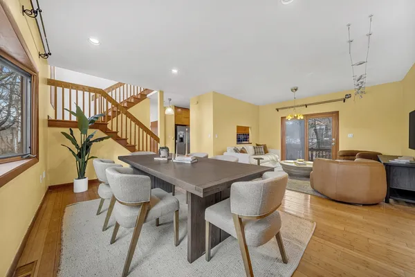 a view of a dining room with furniture
