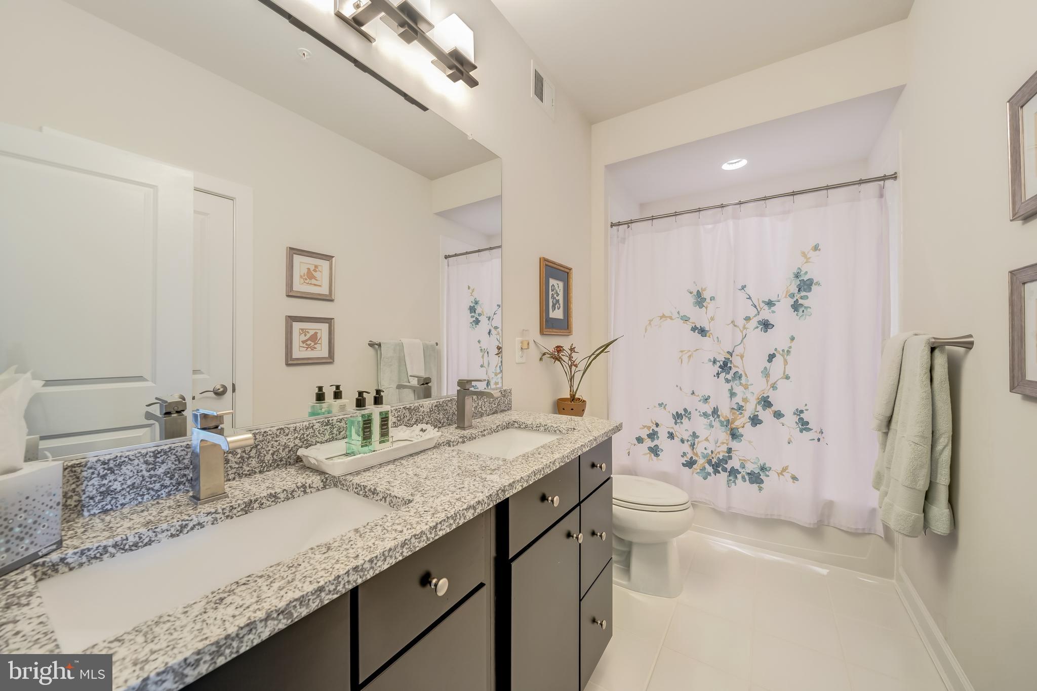 1521 Ribbon Limestone Terrace Southeast Leesburg, VA 20175 - Photo 28 of 34 a bathroom with a granite countertop sink a toilet a mirror a vanity and shower