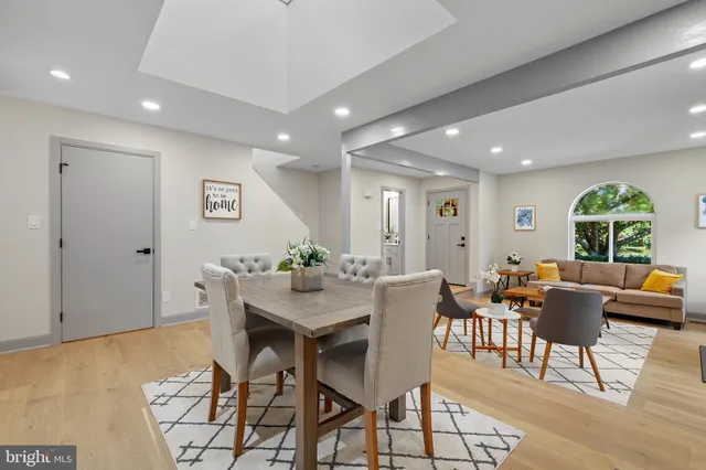 a view of a dining room with furniture window and wooden floor