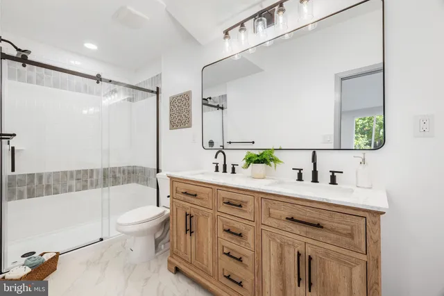 a bathroom with a double vanity sink a toilet a mirror and shower