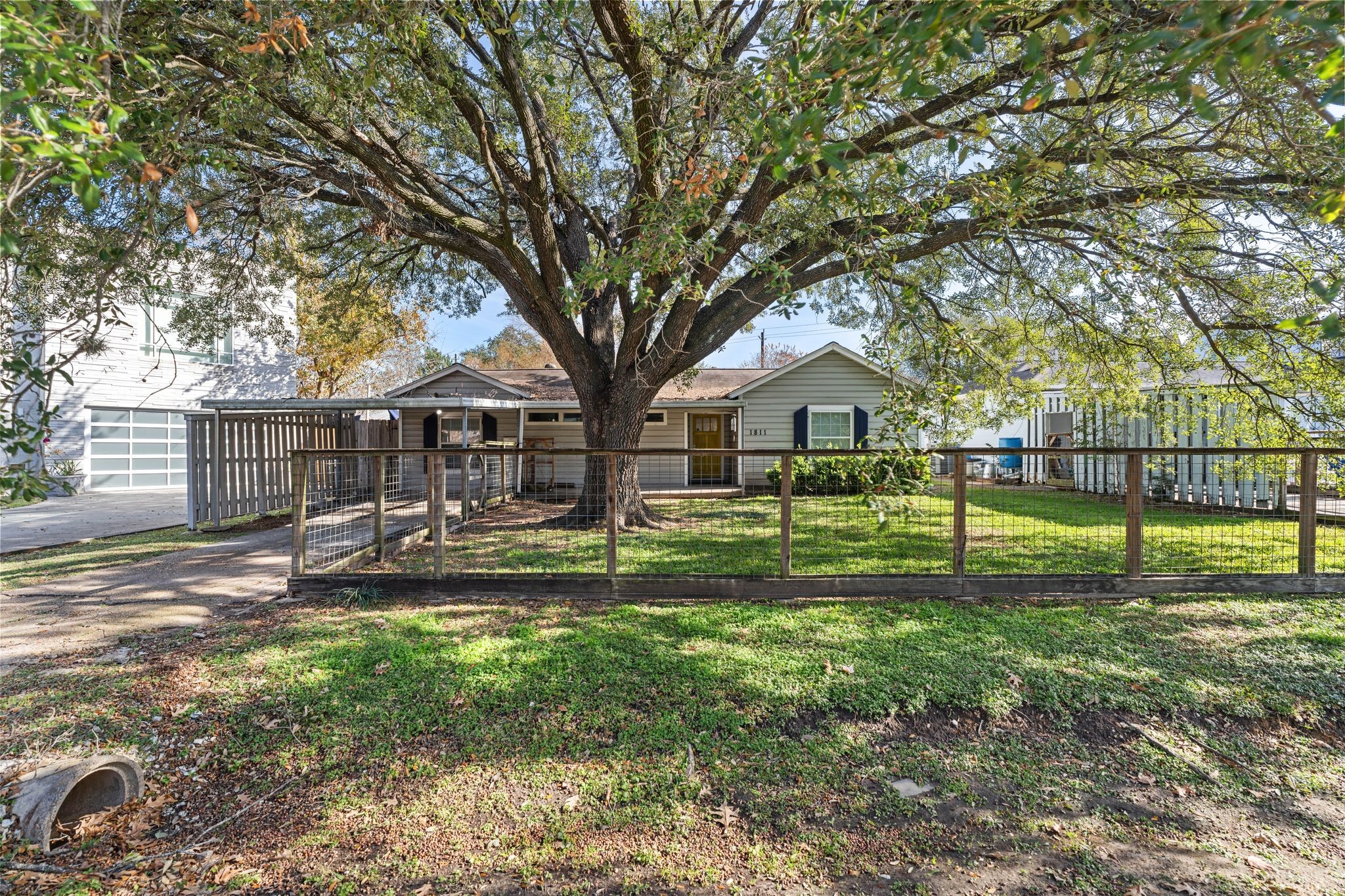 a view of a house with backyard and a tree