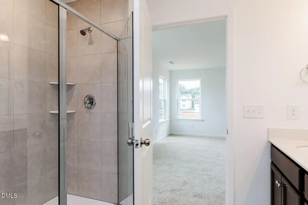 a bathroom with a shower and a sink