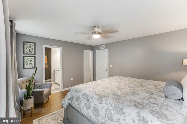a bathroom with a granite countertop sink a large mirror and a potted plant