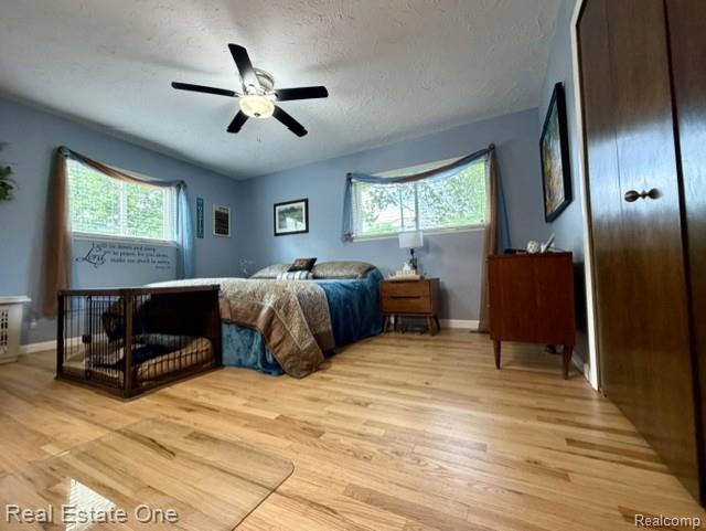 1115 Torpey Road Troy, MI 48083 - Photo 21 of 38 Bedroom with light wood-type flooring, multiple windows, a textured ceiling, and ceiling fan