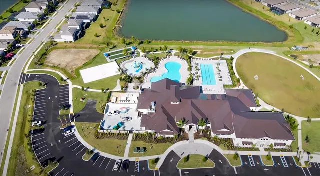 an aerial view of a swimming pool