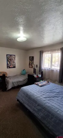 a bedroom with double bed and a large window