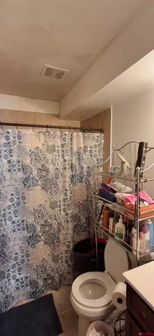 a bathroom with a toilet and a shower curtain