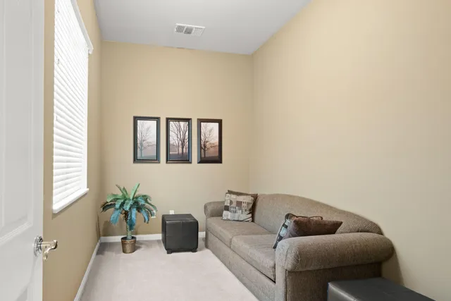 a living room with furniture and a potted plant