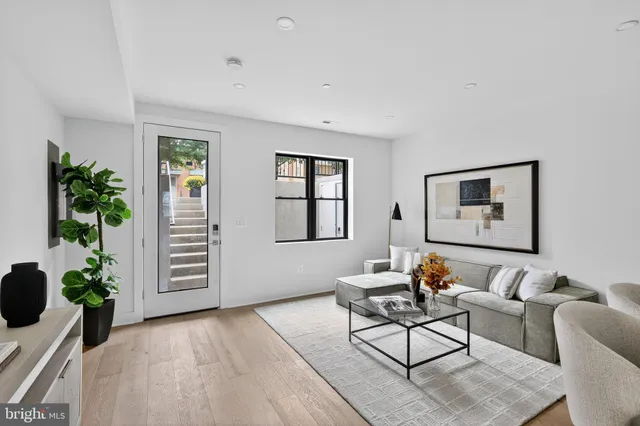 a living room with furniture and a potted plant