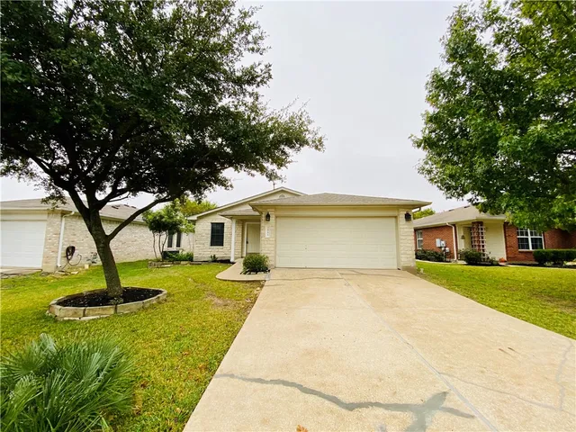 a view of a yard in front of a house with a large tree